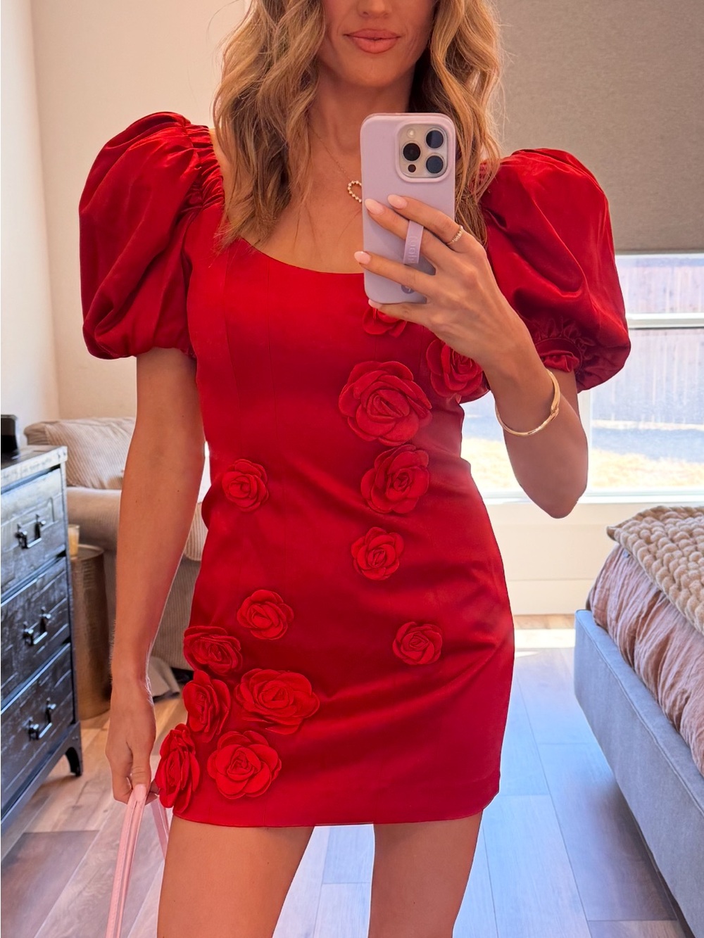 Lovers + Friends Red Puff-Sleeve Mini Dress with Rose Appliqués